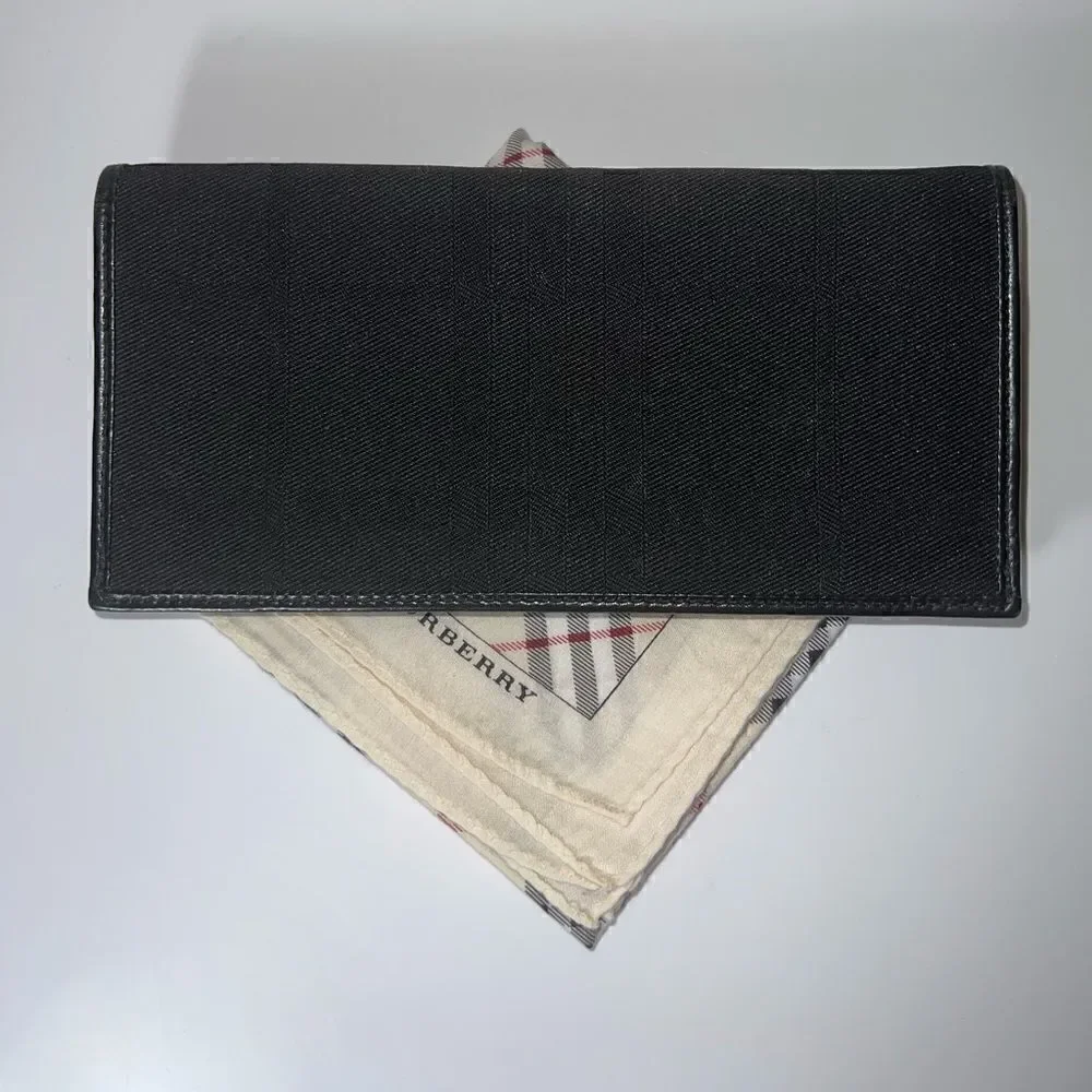 BURBERRY Black Label Leather and Canvas Long Bifold Wallet